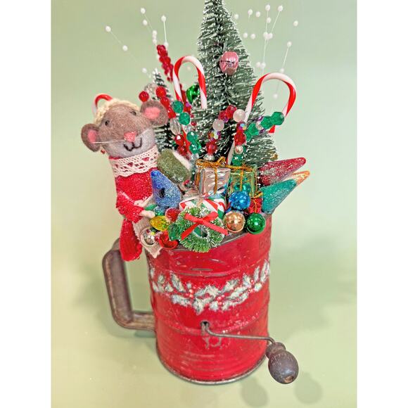 Christmas Assemblage in a Vintage Red Flour Sifter with Mouse and Holiday Decor - Picture 3 of 6